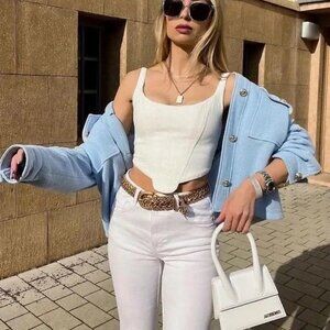 Zara White Denim Cropped Corset Top